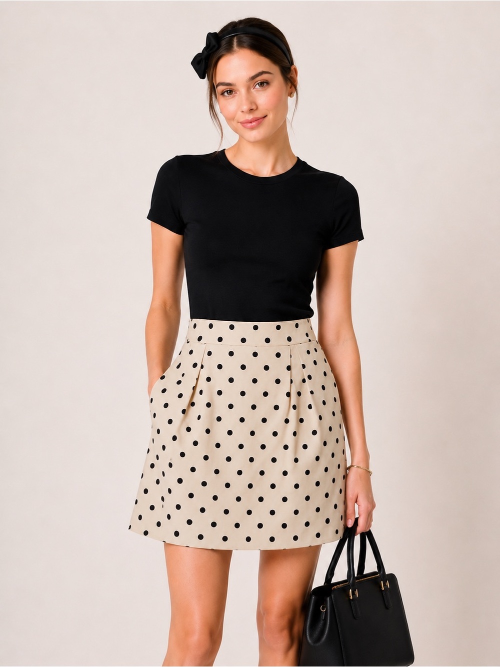 kate spade Beige Polka Dot A-Line Skirt with Black Dots and High Waist